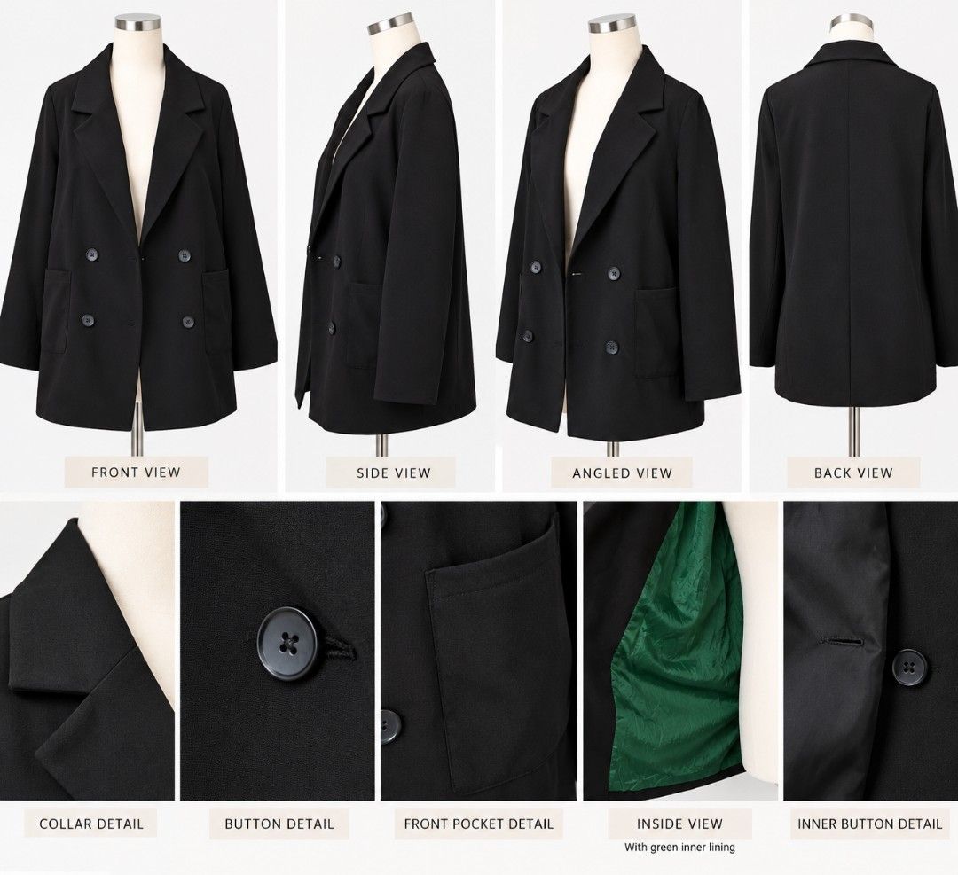 KUYIZU Black Double-Breasted Blazer with Lining (Category: Coats, Jackets and Outerwear) located in Cavite. Submitted by myprelovedpicks123 (Listing ID 1468863151, Image 2). Description: -Size: Large - Brand: KUYIZU - Item: Black double-breasted blazer - Lining: Vibrant green interior lining - Features: Two front pockets, dark front buttons, long sleeves - Fit: Relaxed fit, great for work or casual layering - Condition: Excellent, no flaws on the