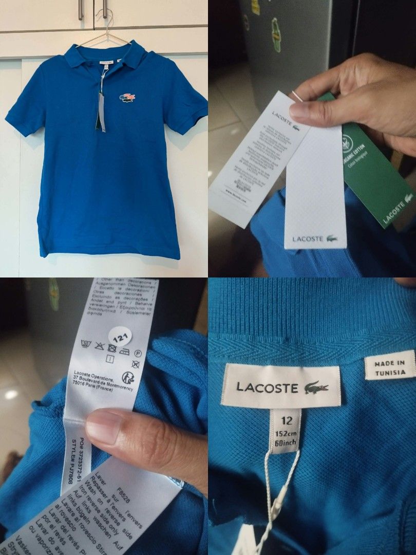 Lacoste Blue Polo Shirt Size 12 (Category: Tshirts & Polo Shirts ) located in Manila. Submitted by drewzioncl00303 (Listing ID 1469957916, Image 1). Description: - Brand: Lacoste - Color: Bright blue - Size: 12 (fits 152cm / 60 inches) -fit small women's 17 x 23 - Material: Organic cotton - Condition: Brand new with original retail tags attached - Features: Classic collar, button placket, short sleeves, and iconic embroidered crocodile logo - Ori