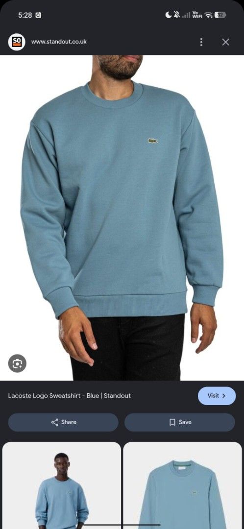 Lacoste Light Blue Sweatshirt Crewneck (Category: Coats, Jackets and Outerwear) located in Ilog. Submitted by jzee03 (Listing ID 1470042326, Image 2). Description: Lacoste Crewneck Sweatshirt L on tag Dimes: 23x28. 5 Color rate: 9/10 Very Good Condition Issue: Light fade on Collar 900 Freeshipping .
