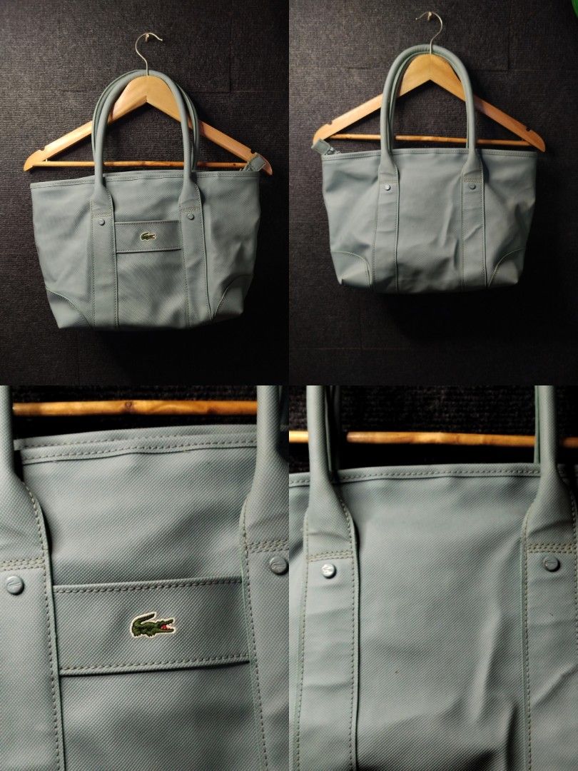 Lacoste Light Blue Tote Bag with Grid Lining (Category: Tote Bags) located in Manila. Submitted by luckyfire-b12a (Listing ID 1469998904, Image 1). Description: Authentic medium light blue Lacoste tote bag with dual handles and top zip closure. Features a textured exterior, front pocket, classic green crocodile logo, and a stylish white-and-black grid interior with a zip pocket. Lacoste Tote Bags semi trash condition see pics ( signs of usage ) a