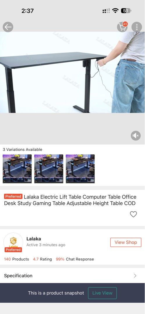Lalaka Electric Lift Table Gaming Table (Category: Tables & Sets) located in Manila. Submitted by kicksjunky (Listing ID 1470007140, Image 1). Description: - Brand: Lalaka Electric Lift Table - Color: Black top with sturdy black frame - Features: Smooth electric control panel for easy height adjustment - Heavy Duty: Supports a massive load capacity of up to 200kg - Versatile Use: Ideal for home offices, study rooms, and gaming setups.