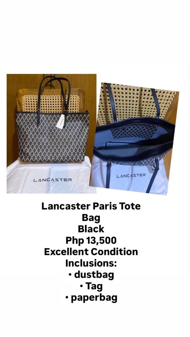 Lancaster Paris Tote Bag Black (Category: Tote Bags) located in Manila. Submitted by 7pr9nj5hnh74503 (Listing ID 1469977539, Image 1). Description: - 100% Authentic Lancaster Paris tote bag in classic black - Chic geometric diamond pattern exterior - Secure top zip closure with sturdy, comfortable shoulder straps - Spacious main interior compartment featuring a convenient zippered side pocket - Complete set: Includes original dustbag, tag, and pa