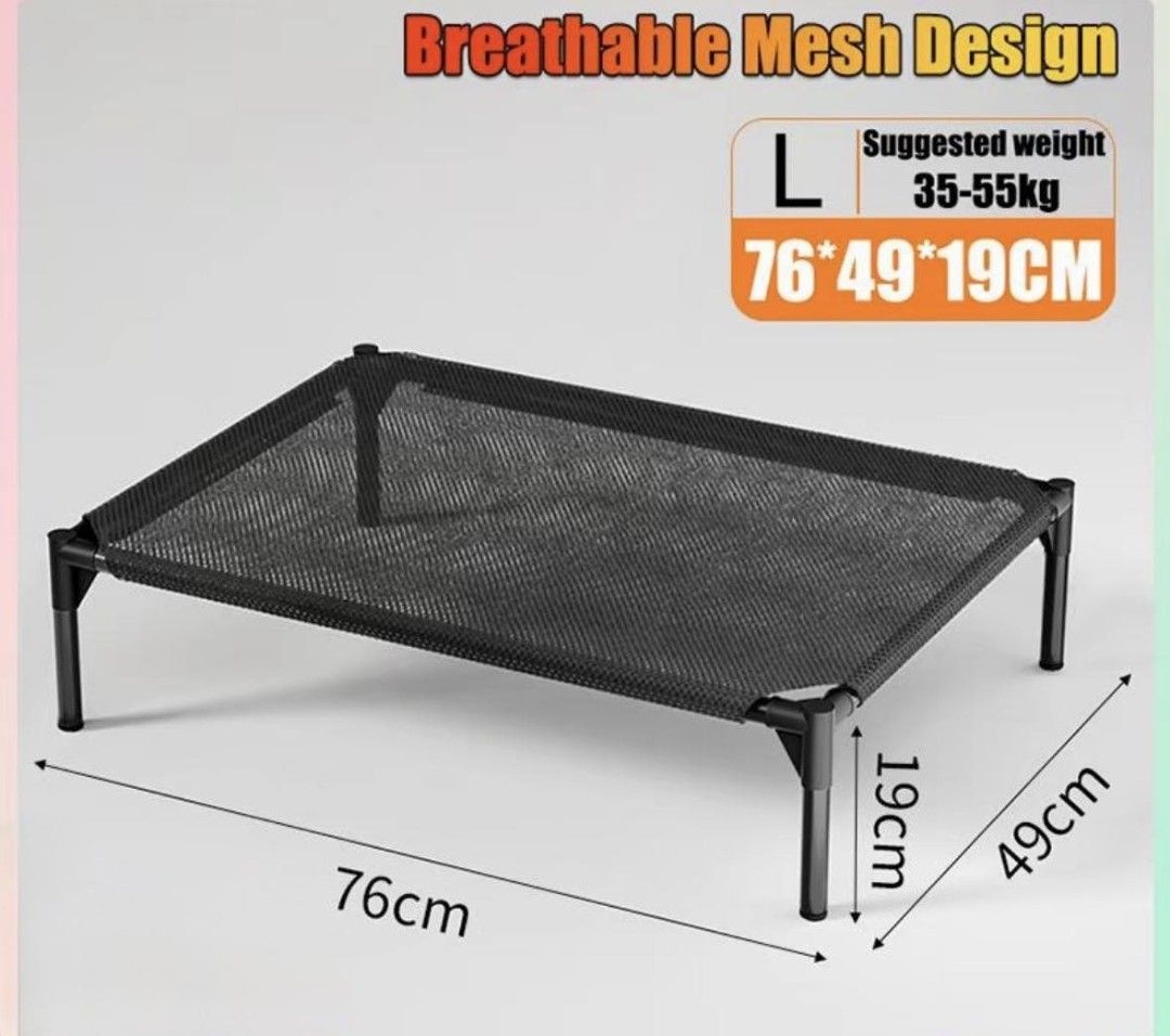Large Elevated Pet Bed Breathable Mesh Black 76x49x19cm (Category: Bed Frames & Mattresses) located in Manila. Submitted by chaennielisoo (Listing ID 1470039015, Image 1). Description: - Size: 76 x 49 x 19 cm (Ideal for dogs 35 to 55 kg) - Material: Breathable black mesh fabric with a sturdy metal frame and durable plastic corners - Comfort: Elevates pets off hard floors to keep them cool and relaxed - Versatile: Great for both indoor and outdoor