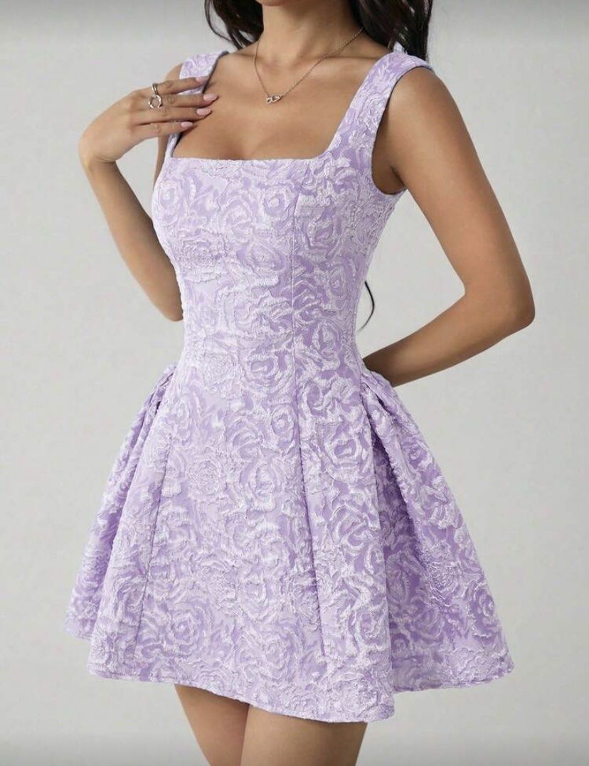Lavender Rose Jacquard Square Neck Mini Dress (Category: Dresses) located in Mandaue City. Submitted by pinkbarbiethriftshop (Listing ID 1470006841, Image 3). Description: - Color: Lilac - Design: Textured rose jacquard pattern throughout - Details: Square neckline, thick straps, fitted bodice, flared pleated skirt - Closure: Back zipper - Condition: brand new.