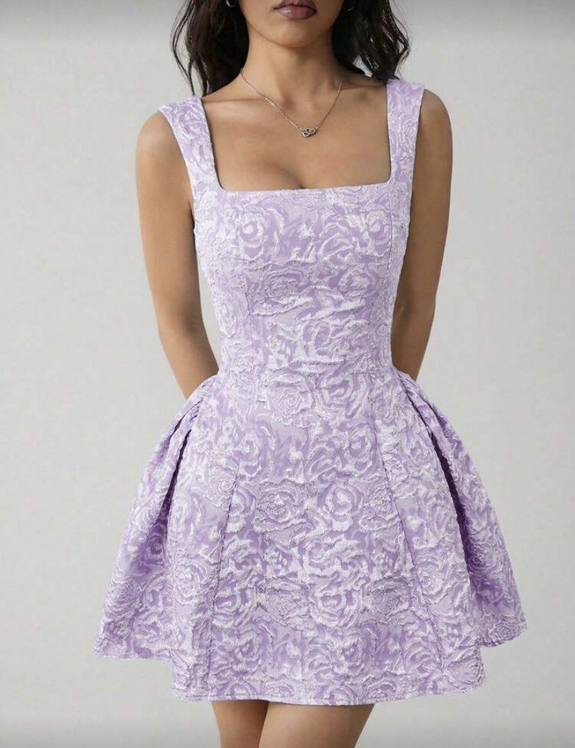 Lavender Rose Jacquard Square Neck Mini Dress (Category: Dresses) located in Mandaue City. Submitted by pinkbarbiethriftshop (Listing ID 1470006841, Image 1). Description: - Color: Lilac - Design: Textured rose jacquard pattern throughout - Details: Square neckline, thick straps, fitted bodice, flared pleated skirt - Closure: Back zipper - Condition: brand new.
