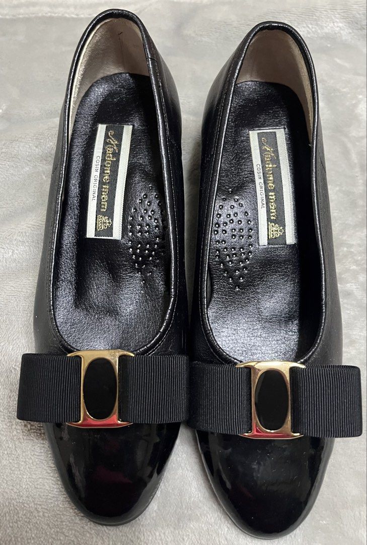 Leather shoes (Category: Heels) located in Bacoor. Submitted by ayit. (Listing ID 1470049364, Image 2). Description: Orig personal japan 22 cm 8.5 inches sf inc nego - Brand: Madame Mam (Original from Japan) - Style: Classic black leather pumps with bow and gold buckle detail - Size: 21 EEEE - Material: Premium black leather - Condition: Excellent pre-loved condition (well-maintained) - Features: Comfortable low heel, slip-on design, elegant fini
