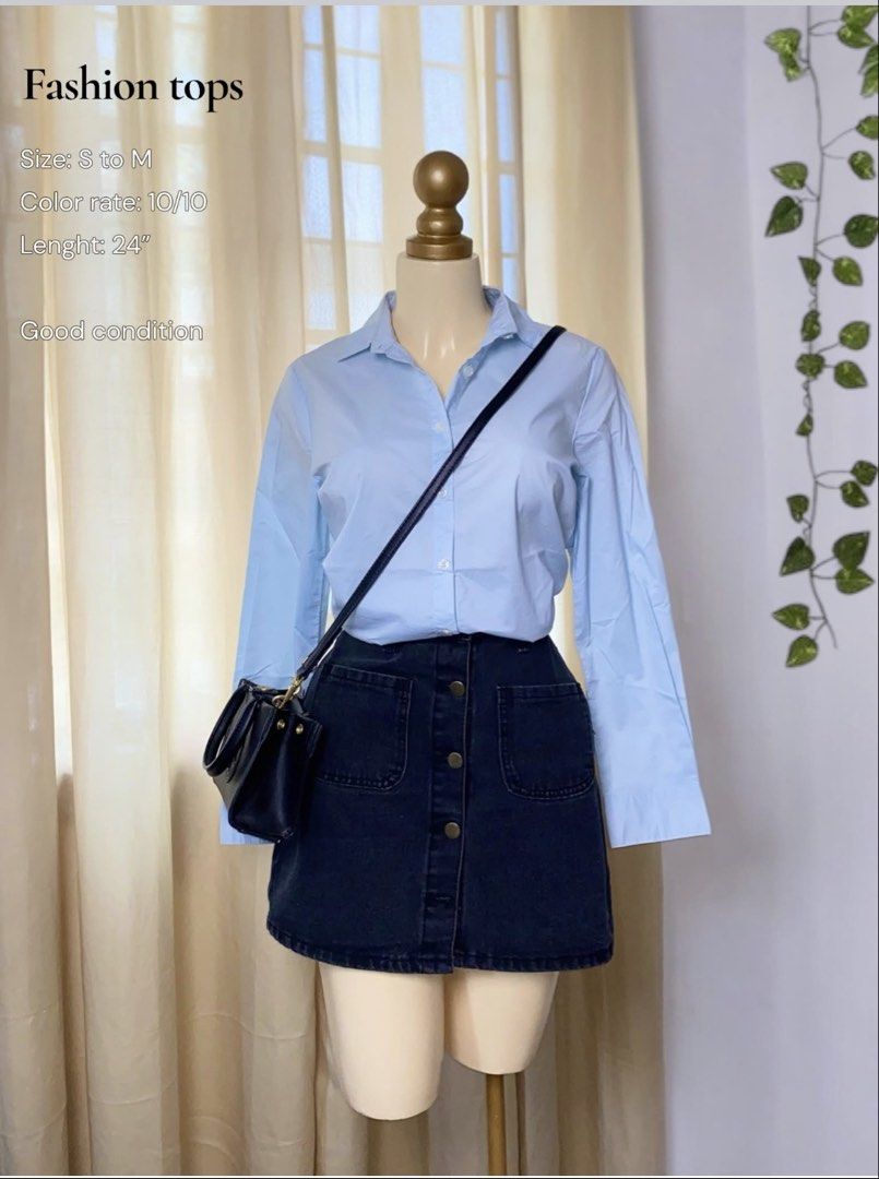 Light Blue Long Sleeve women (Category: Longsleeves) located in Bacoor. Submitted by clairenw68192 (Listing ID 1470057459, Image 1). Description: - Color: Light blue - Style: Long sleeves, classic collar, button-down - Length: 24 inches - Size: Fits S to M comfortably - Material: Clean and crisp - Versatility: Great for work or casual wear, easy to pair with skirts and trousers.
