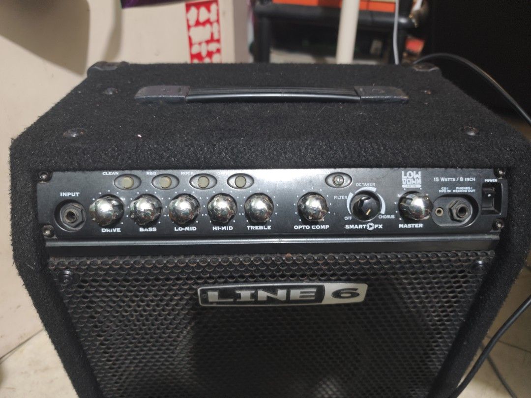 Line 6 LowDown LD15 Bass Amplifier 15 Watts (Category: Soundbars, Speakers & Amplifiers) located in Manila. Submitted by siyaiyan (Listing ID 1470026693, Image 3). Description: Line 6 LowDown LD15 bass amp. 15 watts of power with an 8-inch speaker. Multiple amp models like Clean, R&B, Rock, and Grind. Built-in effects include opto comp, envelope filter, octaver, and chorus. CD/MP3 input and headphones/record output jacks on the front panel. Can b