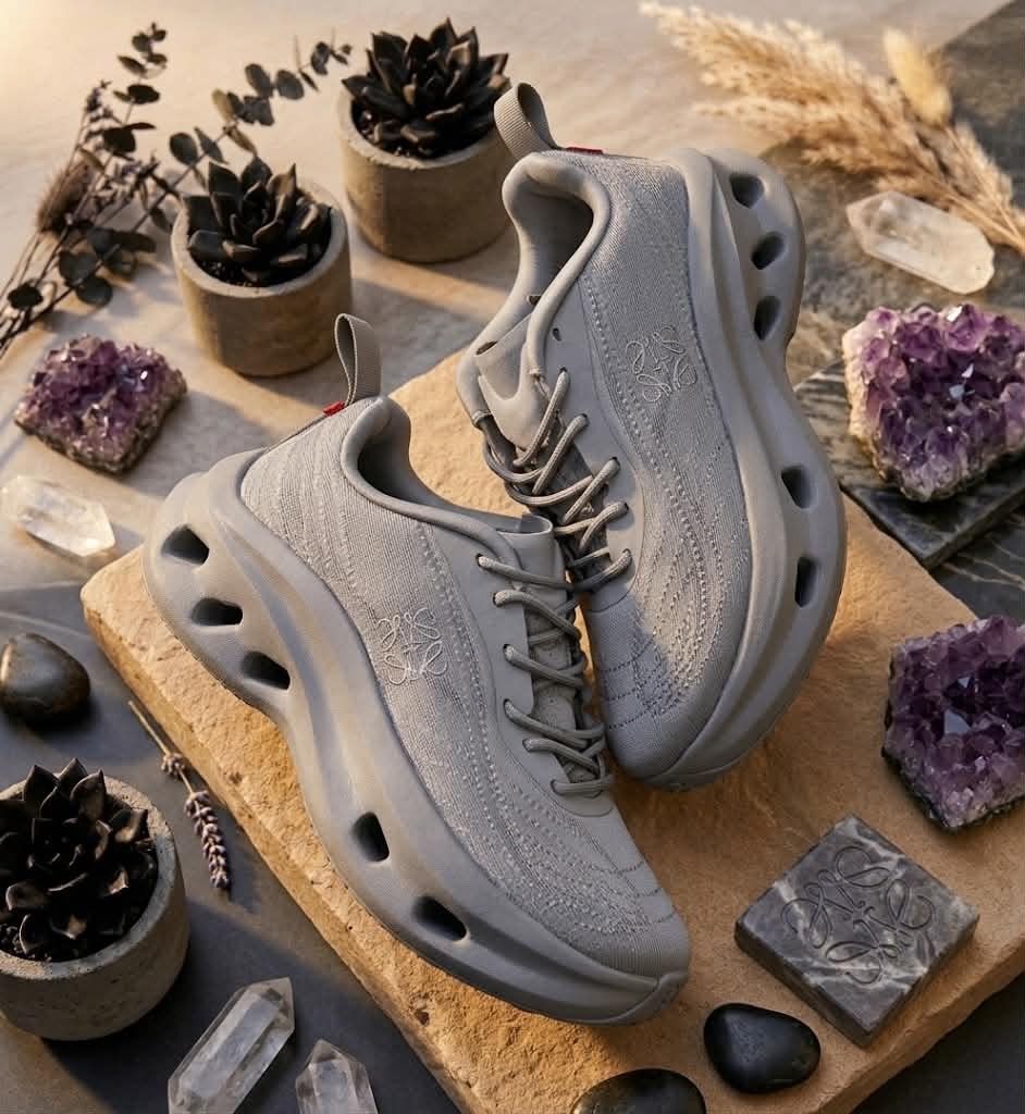 Loewe Flow Runner Grey cosmic (Category: Sneakers) located in Manila. Submitted by ellhys (Listing ID 1470133757, Image 1). Description: - Brand: Loewe - Style: Grey chunky cutout sneakers with modern silhouette - Details: Stamped Anagram logo on the side, knit texture throughout, tonal laces, and heel pull tabs - Condition: Clean, hardly worn (9.5/10) - Comfort: Extremely comfortable for daily wear - Shipping: Same-day delivery via Lalamove/Grab