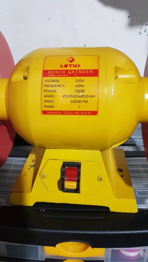 Lotus 8" Bench Grinder LBG-200C 350W (Category: Construction Tools & Equipment) located in Las Pinas. Submitted by mightyearth_4feb1b (Listing ID 1470036663, Image 1). Description: - Brand: Lotus - Model: LBG-200C (8-inch Bench Grinder) - Power: 350W, 230V, 60Hz, Single Phase - Speed: 3450 RPM - Wheel Size: 200x20x32mm - Color: Yellow and Red - Condition: Comes with original box - Perfect for sharpening, shaping, and metalworking.
