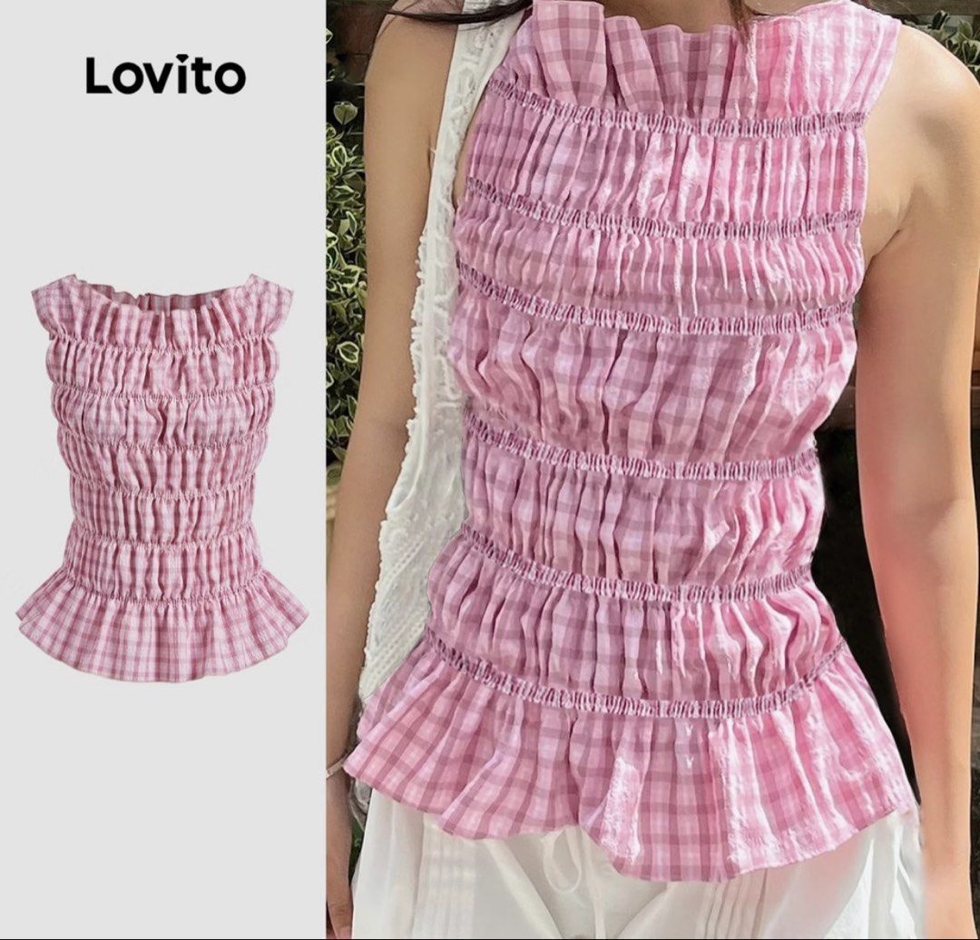 lovito pink smocked gingham top (Category: Sleeveless) located in Manila. Submitted by iyahpreloved_ (Listing ID 1469963732, Image 1). Description: size L! .
