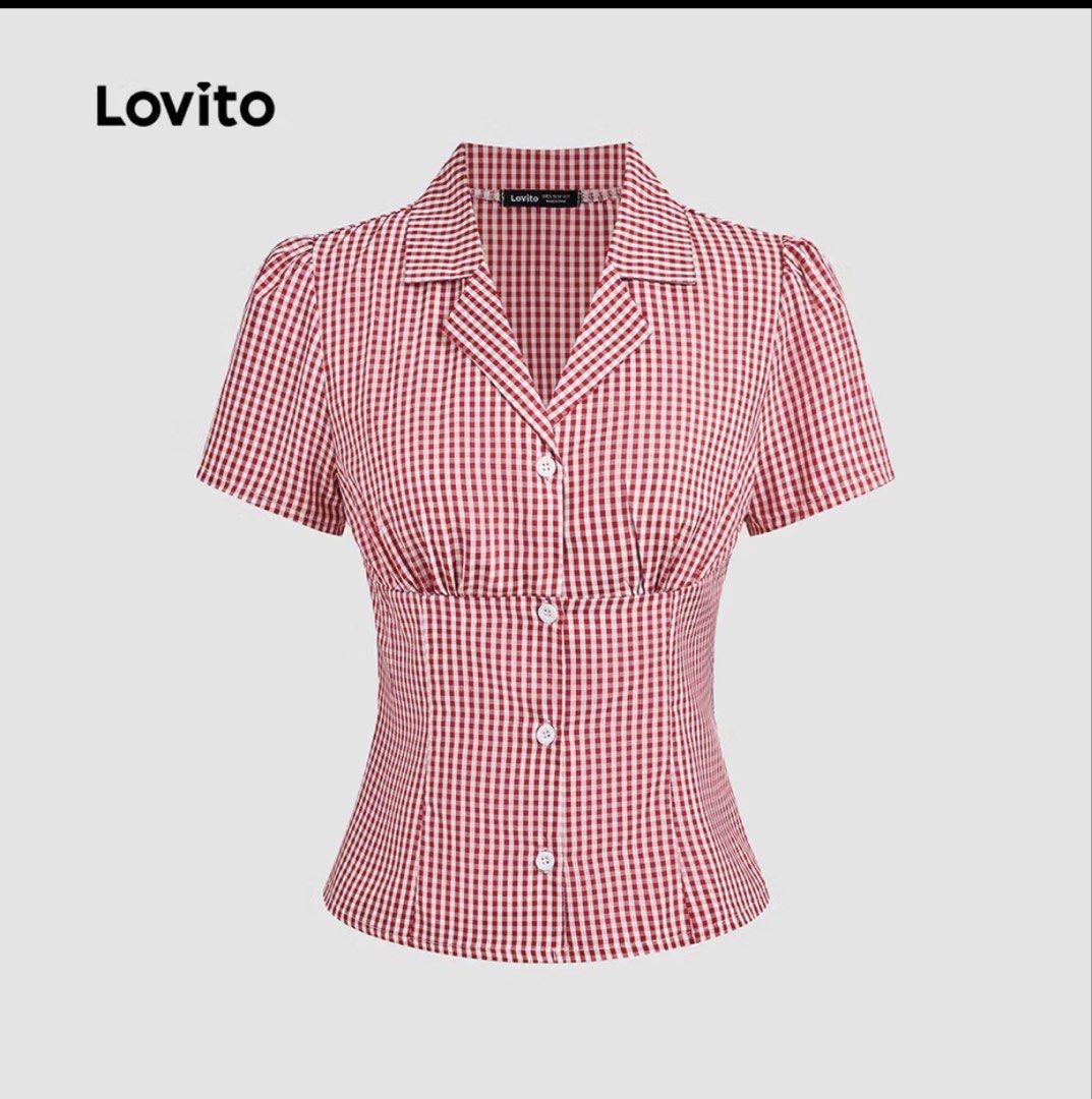 Lovito Red Gingham Short Sleeve Button-Up Blouse (Category: Blouses) located in Manila. Submitted by cole0702 (Listing ID 1470066189, Image 2). Description: Lovito red and white gingham blouse. Features short puff sleeves, lapel collar, and front button closure in a fitted style. * Please manage expectations (this is not brand new) * Color may slightly vary due to lighting. * No return, refund, or exchange. * Kindly check photos before purchasing