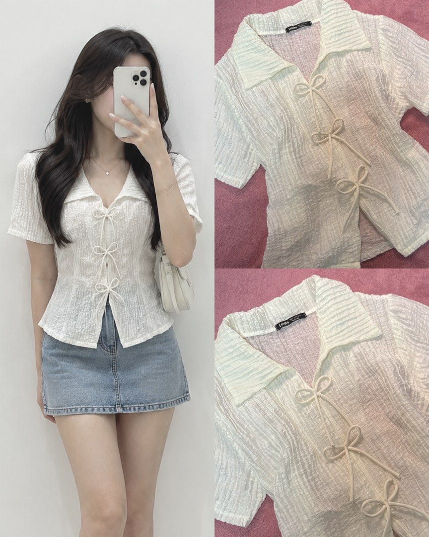 Lovito White Textured Short Sleeve Bow Front Blouse (Category: Blouses) located in Manila. Submitted by coolflower-e6627b (Listing ID 1470096677, Image 1). Description: - Brand: Lovito - Color: White - Material: Textured crinkle fabric - Design: Collar neckline with 3 front tie ribbon details - Fit: Slim fit - Styling tip: Easy to match with denim skirts or high-waist jeans.