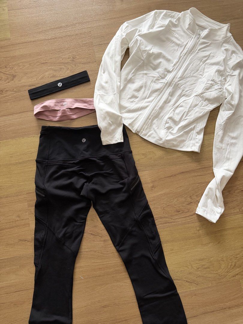 AUTHENTIC Lululemon Activewear Bundle Leggings, Non slip Headbands, Jacket (Category: Activewear) located in Taguig. Submitted by bangforbuck445 (Listing ID 1470001146, Image 1). Description: TAKE ALL -Authentic Lululemon leggings size US 2 (fits US 4, dot #2) - lightly used - Authentic Lululemon non slip headbands (pink and black) -both brand new -White workout jacket (No brand, bought in Hong Kong) size L but fits S-M -brand new -Black shaping 