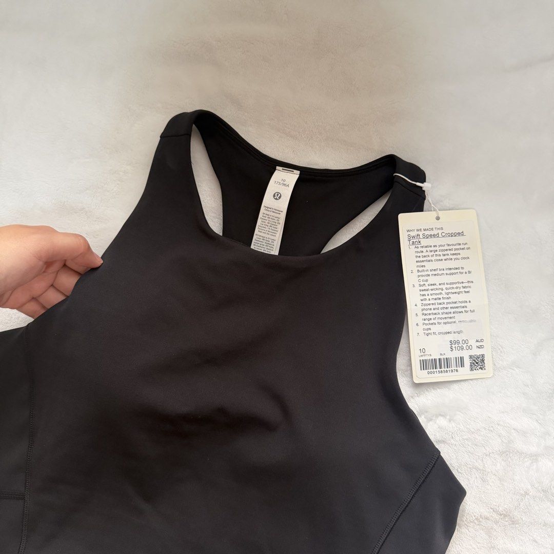 Lululemon Crop Tank 10 (Category: Activewear) located in Quezon City. Submitted by lovedbysia (Listing ID 1469977840, Image 3). Description: - Brand: Lululemon - Item: Swift Speed Cropped Tank - Color: Black - Size: 10 - Condition: Brand new with original tags attached - Support: Built-in shelf bra with medium support - Fabric: Smooth, quick-dry material with a matte finish - Features: Convenient zippered back pocket (fits a phone) and racerback 