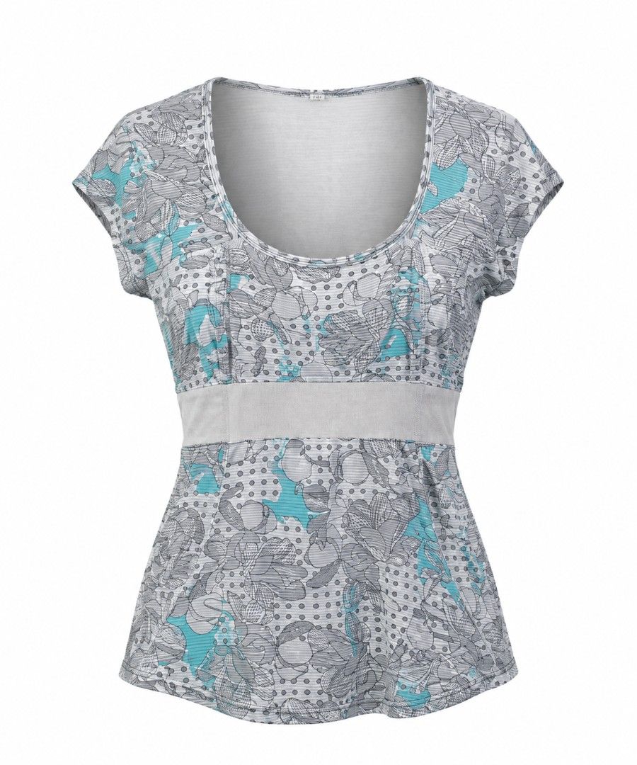 Lululemon tech run cap sleeve with mesh panel dot size 8 (Category: Activewear) located in San Pablo. Submitted by allyourbrandedneeds (Listing ID 1470139368, Image 1). Description: - Brand: Lululemon - Size: 8 - Color/Print: Grey, white, and teal with mixed floral and polka dot pattern - Design: Scoop neckline with a breathable mesh panel across the midsection - Fabric: Lightweight, airy, and sweat-friendly - Condition: Excellent.