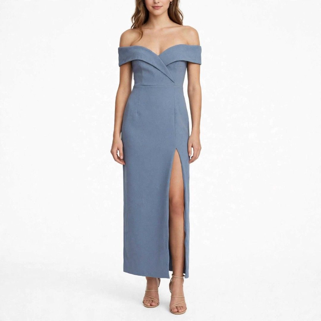 Small Size Wrapping Machine Lulus S Small - Dusty Blue Formal Gown - Off Shoulder Wrap Slit ...