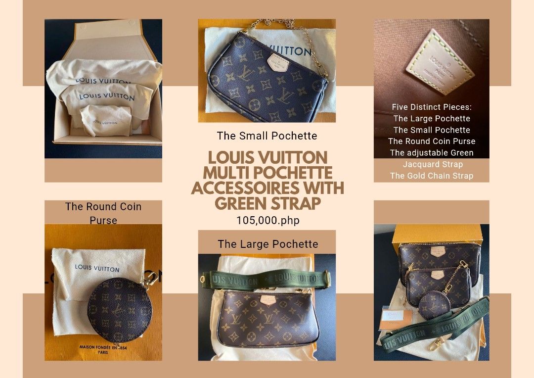 LV Multi Pochette Accessories with green strap (Category: Luxury Bags & Wallets) located in San Fernando. Submitted by mrs.jmoo (Listing ID 1469977751, Image 1). Description: Hi everyone! I’m letting go of this beautiful LV pochette bag that I received as a gift from my brother’s girlfriend based in Vancouver BC.I used it once and thats it,it hasn't been used since, and is in "good as new" condition. It has been kept in its dust bag and It’s a sh