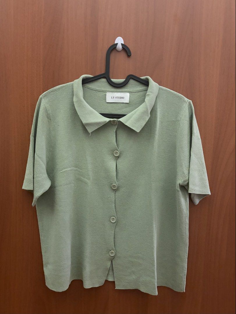 LY Studio Green Knit Polo Shirt (Category: Blouses) located in Makati City. Submitted by chloudyday (Listing ID 1470066109, Image 1). Description: LY Studio, Sage Green, Fits Size S-M.