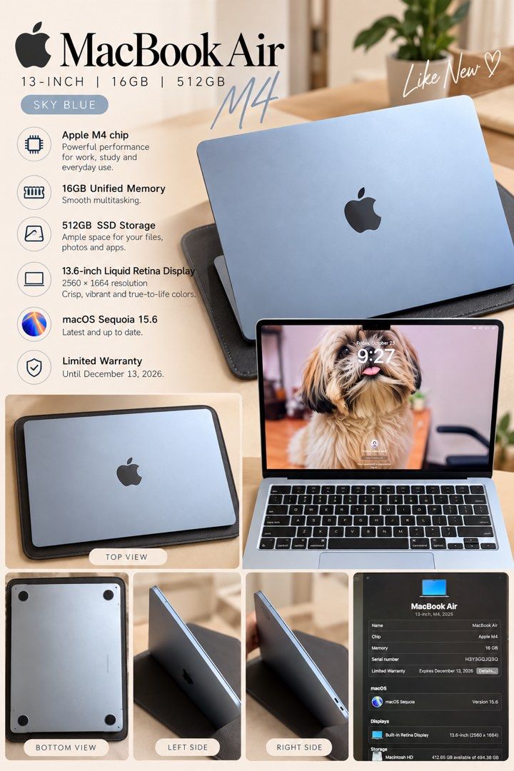 Macbook Air M4 2025 (Category: Laptops & Notebooks) located in San Juan City. Submitted by pepperoo0808 (Listing ID 1469962500, Image 1). Description: 13-inch MacBook Air M4 (2025) 16GB Unified Memory · 512GB SSD 13.6-inch Liquid Retina Display Sky Blue · macOS Sequoia 15.6 Warranty until December 13, 2026 .