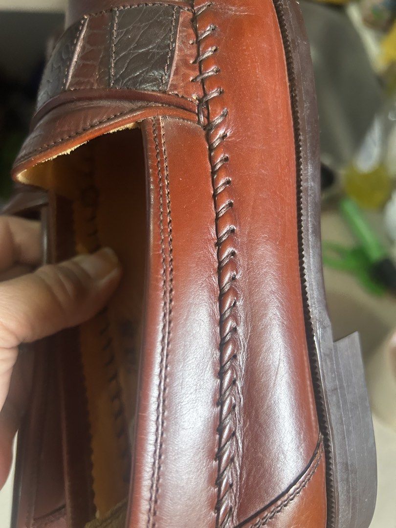 madras Modello casual shoes size 26 (Category: Casual Shoes) located in Cavite. Submitted by cecitrifthshop (Listing ID 1469955672, Image 3). Description: pair of Madras Modello men's leather loafers made in Japan, featuring a reddish-brown smooth leather body with textured faux crocodile leather accents strap size 26 like new made in japan .
