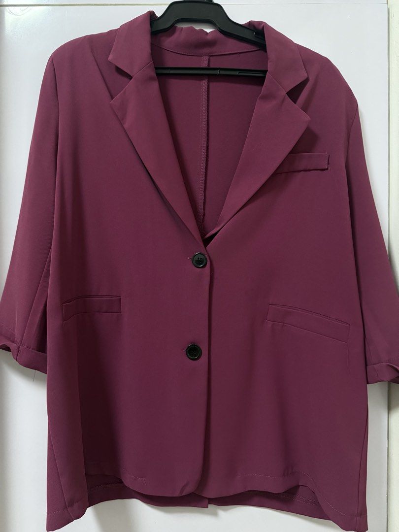 Magenta pink oversized buttoned blazer jacket (Category: Coats, Jackets and Outerwear) located in Quezon City. Submitted by lovedbymaxandmikoy (Listing ID 1470135006, Image 1). Description: - Color: Magenta pink - Style: Notched lapels with two front buttons - Fit: Standard fit with structured shoulders - Pockets: Functional front welt pockets - Fabric: Lightweight and perfect for layering over tops or dresses - Finish: Clean and polished look th