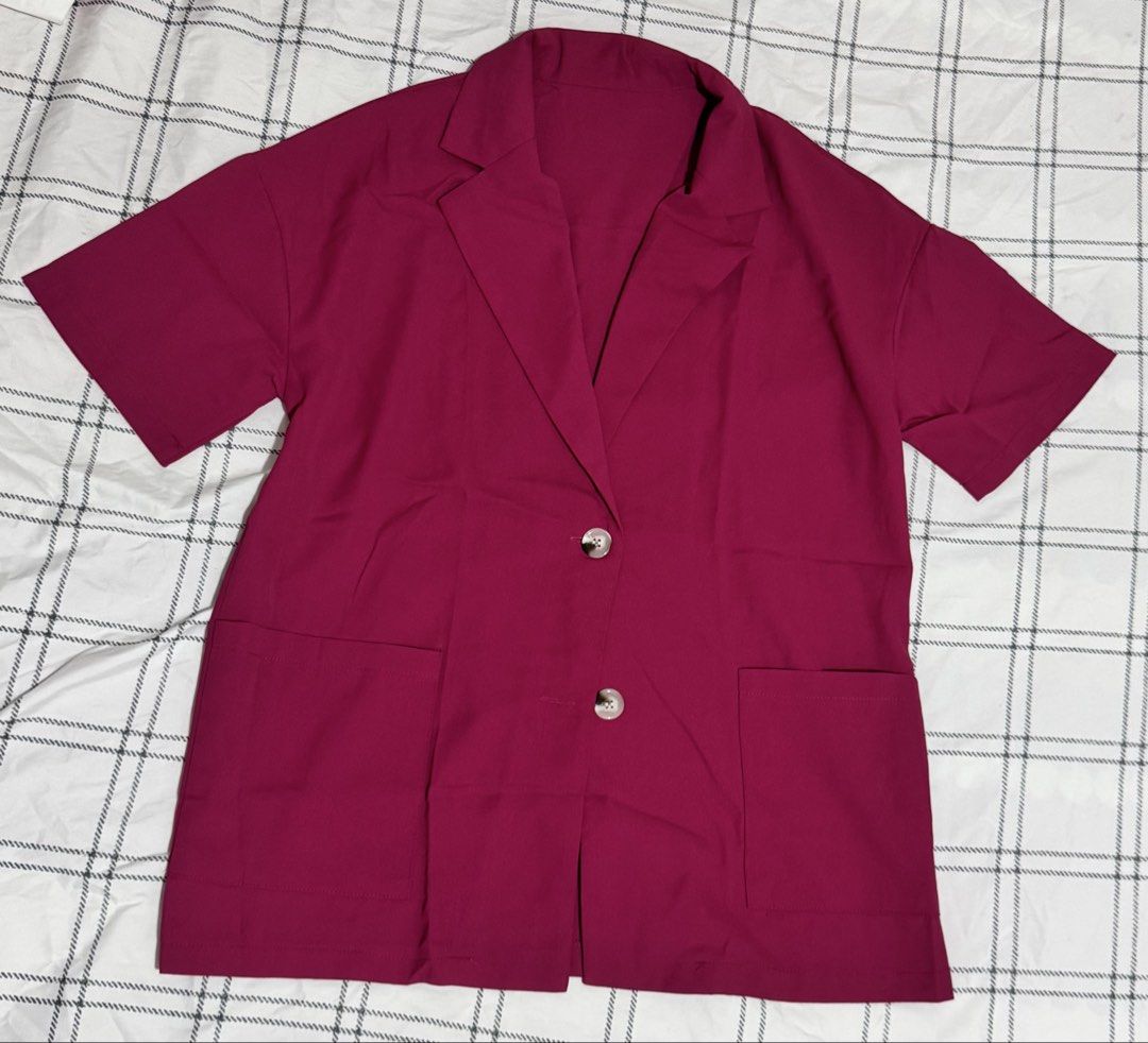 Magenta Short Sleeve and Shorts Set (Category: Sets or Coordinates) located in Santiago. Submitted by krizelangelap (Listing ID 1470112385, Image 1). Description: - Matching magenta blazer and shorts coordinate set - Vibrant berry pink shade in a lightweight fabric - Blazer includes short sleeves, two front buttons, and large patch pockets - Shorts feature a comfortable elastic waistband and pleated front - Versatile outfit ideal for casual outin