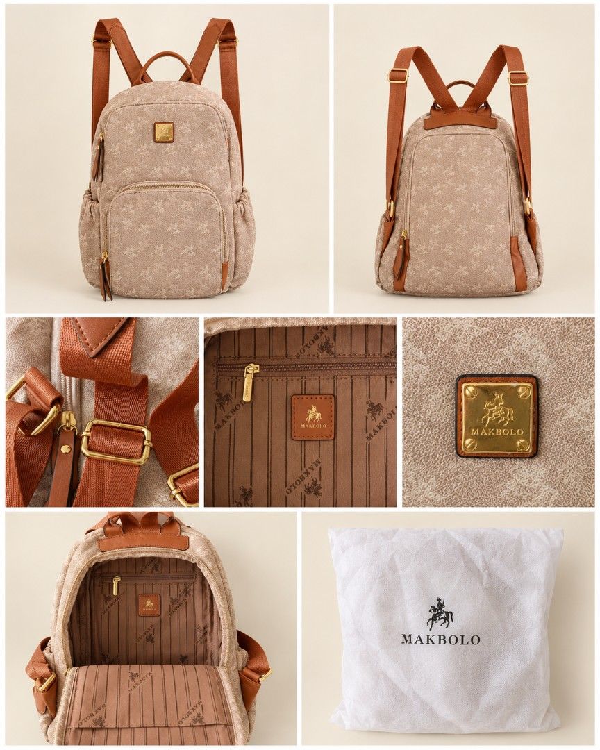MAKBOLO Beige Monogram Backpack with Brown Straps (Category: Backpacks) located in Manila. Submitted by maxinesotto (Listing ID 1469948418, Image 1). Description: ‎📢 ₱1199 ‎📍 Location: Tayuman, Manila ‎ ‎Details: ‎✓ Condition: Good as new ‎✓ RFS: Decluttering ‎✓ Size: Indicated in the listing title ‎ ‎Payment: GCash (Payment first) ‎ ‎Delivery: ‎- Same day pick-up via Lalamove / Joyride / Angkas ‎ ‎First to pay, first to get the item. ‎No reser
