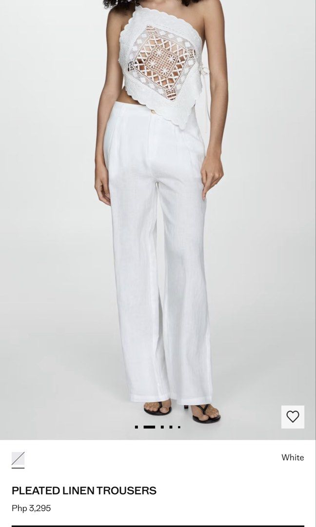 Mango 100% Linen Wide Leg Trousers (Category: Other Bottoms) located in Quezon City. Submitted by dropdeadprices (Listing ID 1470027877, Image 2). Description: - Color: White - Material: Lightweight 100% linen, perfect for warm weather - Fit: Wide leg with a high waist cut - Details: Front pleats and functional side pockets - Style: Clean, minimalist, and easy to pair with any top Retails for P3295 and still in Mango website.