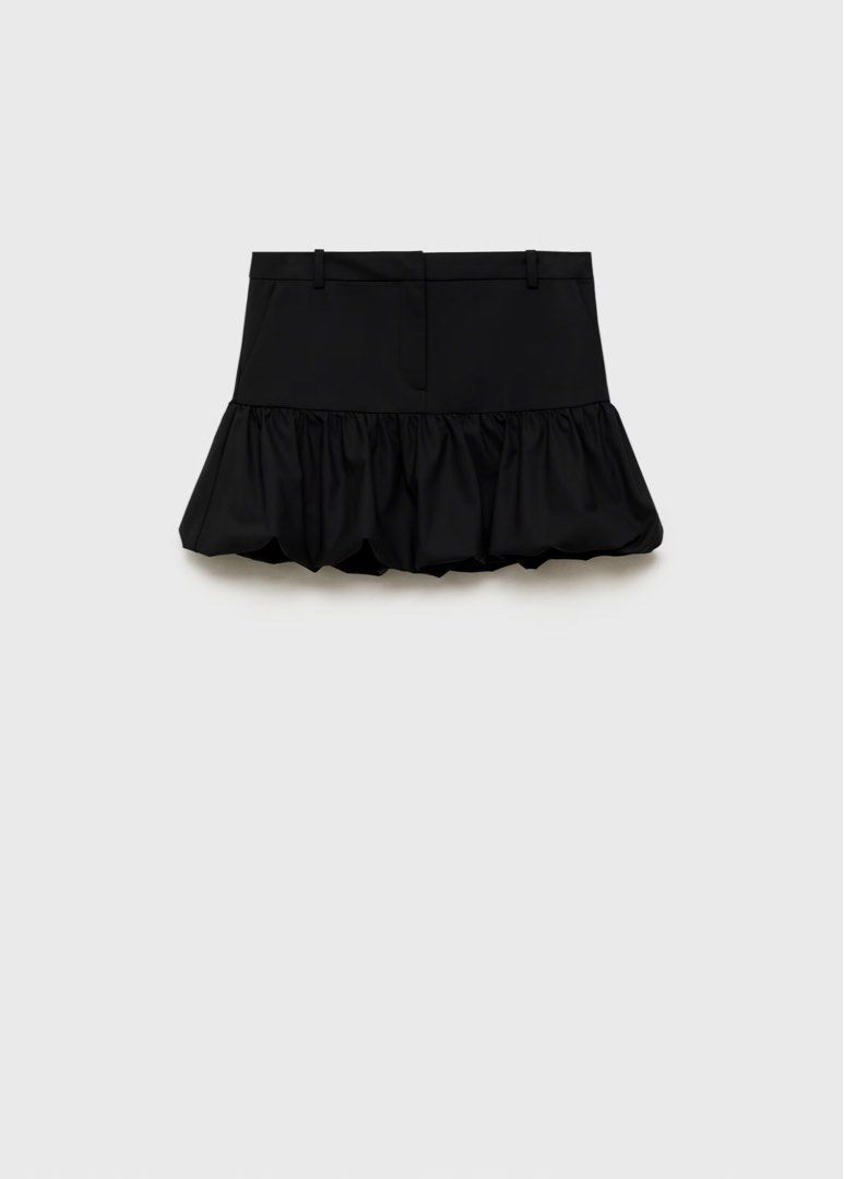 Mango Balloon Black Mini Skirt (Category: Skirts) located in Quezon City. Submitted by dropdeadprices (Listing ID 1470018585, Image 1). Description: - Style: Charcoal wool blend mini skirt with a fun bubble hem and ruffled drop waist - Fit: Mid-rise with belt loops and full interior lining - Closure: Zip, button, and concealed hook-and-loop fastener with placket - Original Retail Price: Php 2,995 - Condition: Great find, perfect for elevating you