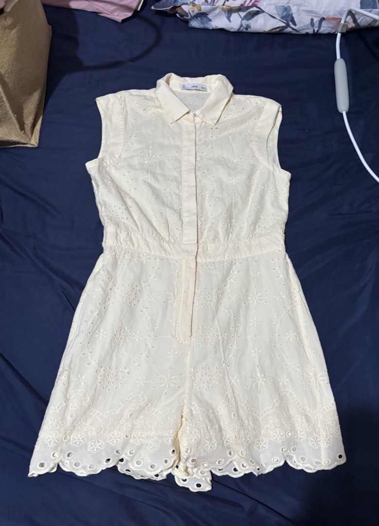 MANGO Light Yellow Eyelet Sleeveless Romper (Category: Rompers) located in Cagayan de Oro. Submitted by cristine.s (Listing ID 1470107877, Image 3). Description: Brand: Mango Color: Light Yellow Size: Medium Design: Sleeveless, collar, button-down front, fitted waist, Bottom zipper closure Details: All-over eyelet embroidery with scalloped hem like zara love bonito uniqlo editors market zalora plains & prints urban revivo pomelo h&m forever21.