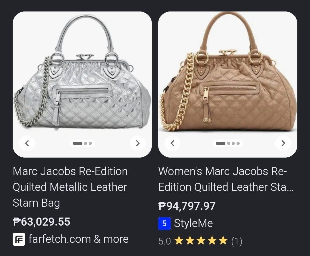 Marc Jacobs Stam Bag (Category: Luxury Bags & Wallets) located in Baguio. Submitted by jayrgijc52758 (Listing ID 1470091575, Image 2). Description: Marc Jacobs quilted Stam bag in silvertone hardware Near medium In very good condition 4k.