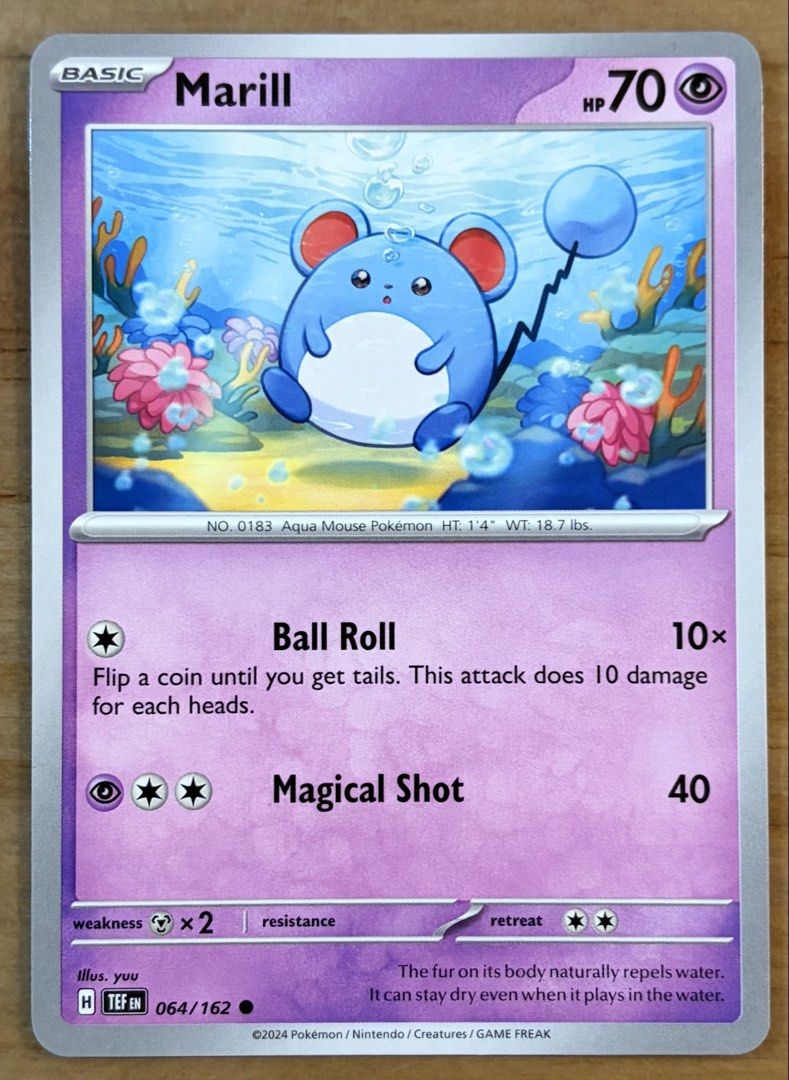 Marill | Pokemon Cards ~ Temporal Forces (Category: Raw Singles) located in Makati City. Submitted by cardlab (Listing ID 1469950220, Image 1). Description: Items are 💯 authentic/original/legit. About The Card: •Language: EN • Number: 064/162 • Common • Normal FOR: • Cards ₱99 and below with Card Sleeves • Cards ₱100 and up with Card Sleeves and Used Toploader • ₱10 for Bnew Tops Packaging (If Shipping): ✔️ Plastic cover ✔️ Cardboard ✔️ Bubble w