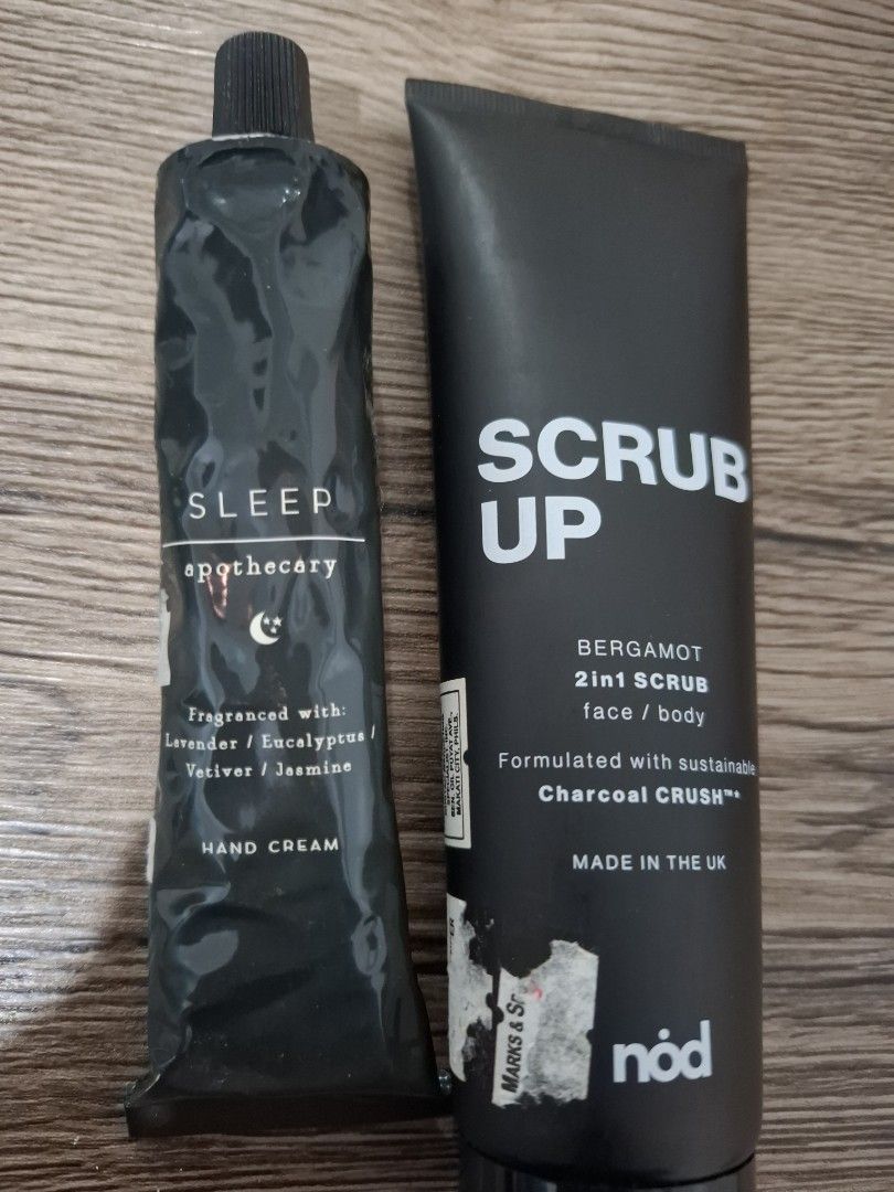 Marks & Spencer scrub and cream set (Category: Face Care) located in Taguig. Submitted by nicpick (Listing ID 1470040101, Image 1). Description: - Nod Scrub Up 2-in-1 Face & Body Scrub: Bergamot scent with charcoal crush, Made in the UK - Sleep Apothecary Hand Cream: Relaxing blend of lavender, eucalyptus, vetiver, and jasmine - Stylish matching black packaging for both tubes - Ideal for daily grooming routines or as a gift - Grab them before the
