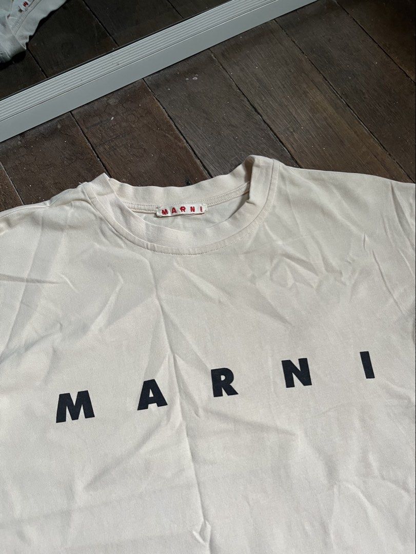 Marni Spellout Tee Beige (Category: Shirts) located in Bugallon. Submitted by thriftteas.00 (Listing ID 1470006509, Image 2). Description: Marni Spellout Crop Tee Beige Medium No issue Excellent condition Needwash Complete tags Claim 1000.