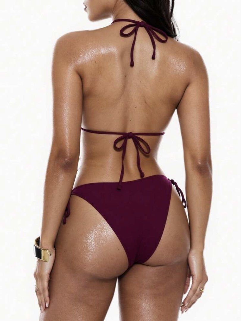 Maroon Ribbed Halter Bikini Set (Category: Bikinis & Swimsuits) located in Taguig. Submitted by anne_di0909 (Listing ID 1469952362, Image 2). Description: - Small on tag but can fit to medium body frame Reference: 34B 28 waistline Worn only once Original price: 313 Selling price: 200 ✨Reminders:✨ — MOP: GCash only — Courier within MM: Lalamove, Grab (same day delivery) Outside MM: J&T Express — Shipping fee will be shouldered by the buyer 📍Tagui