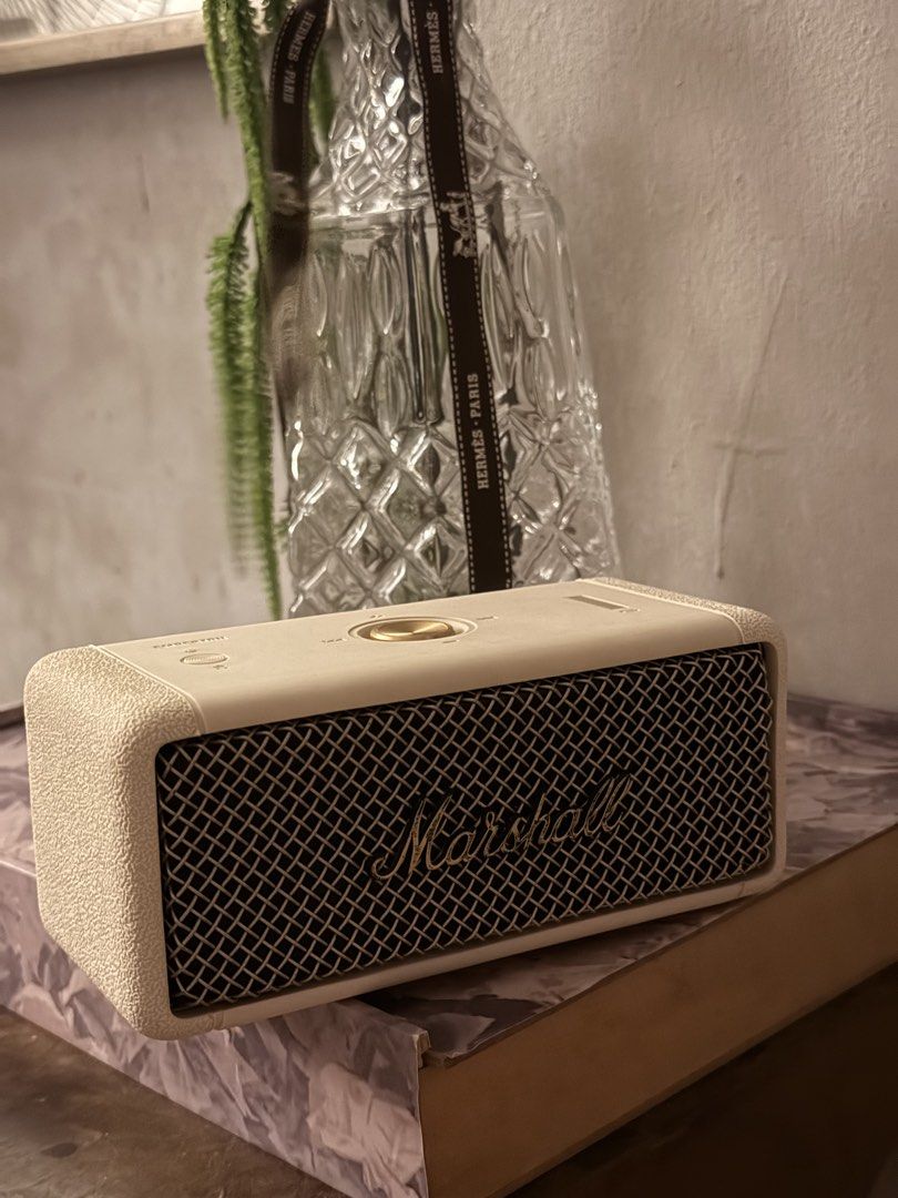 Marshall Emberton II Speaker (Category: Soundbars, Speakers & Amplifiers) located in Manila. Submitted by justhazel (Listing ID 1470092673, Image 3). Description: - Model: Marshall Emberton Portable Bluetooth Speaker - Color: Cream - Condition: Clean body, works great - Design: Iconic Marshall look with metal grille and gold multi-directional control knob - Audio: Compact size that packs a powerful punch - Connectivity: Easy Bluetooth pairing wit