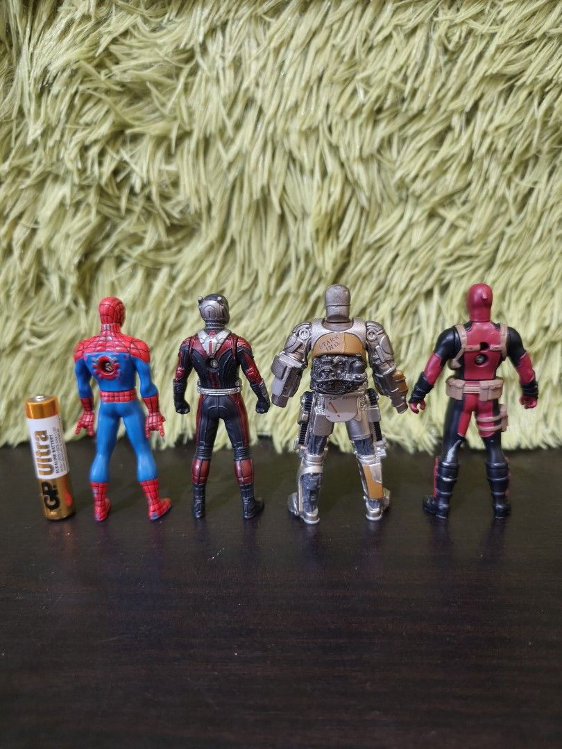 Marvel Action Figures Set Spider-Man Ant-Man Iron Man Deadpool (Category: Figurines & Statues) located in La Trinidad. Submitted by charlsensei (Listing ID 1469966358, Image 3). Description: - Set of 4 Marvel miniature action figures: Spider-Man, Ant-Man, Iron Man Mark II, and Deadpool - Size: Roughly around the height of an AA battery (battery in photos for comparison only) - Detailed paint work across all characters - Features realistic screw d