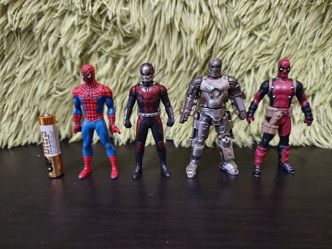 Marvel Action Figures Set Spider-Man Ant-Man Iron Man Deadpool (Category: Figurines & Statues) located in La Trinidad. Submitted by charlsensei (Listing ID 1469966358, Image 1). Description: - Set of 4 Marvel miniature action figures: Spider-Man, Ant-Man, Iron Man Mark II, and Deadpool - Size: Roughly around the height of an AA battery (battery in photos for comparison only) - Detailed paint work across all characters - Features realistic screw d
