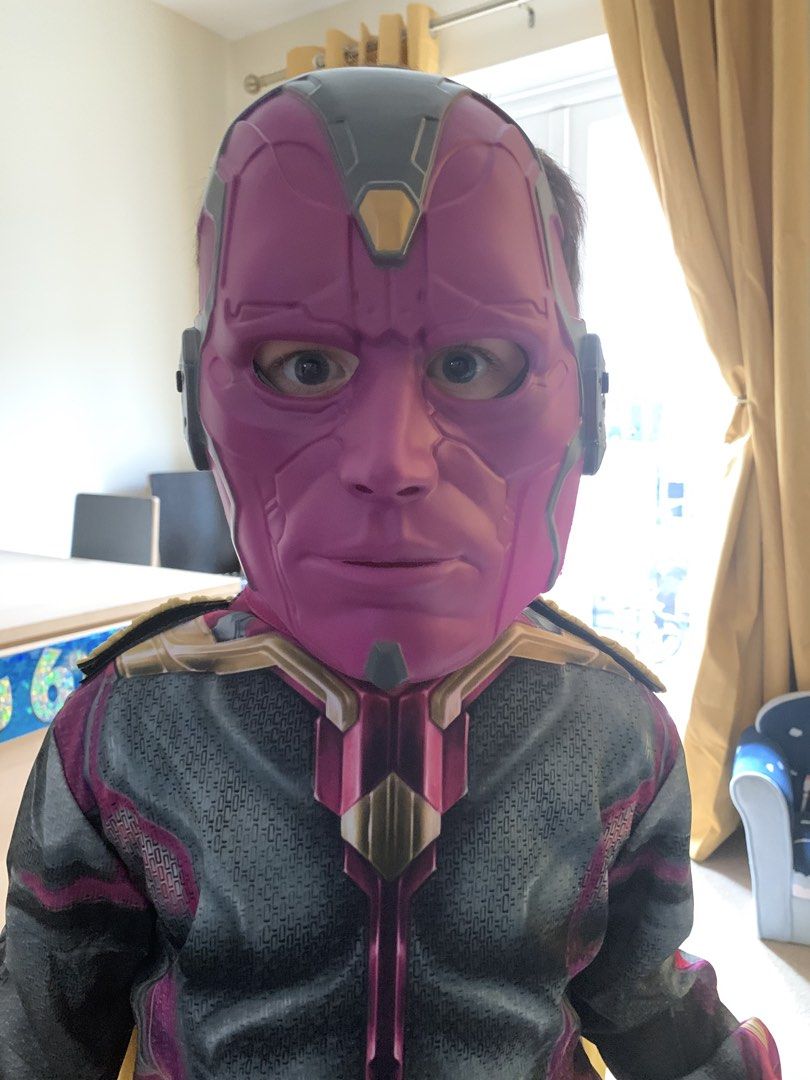 Marvel Avengers Vision Costume Kids Size (Category: Babies & Kids Fashion) located in Muntinlupa City. Submitted by lemonbearph (Listing ID 1470006765, Image 3). Description: - Official Marvel Avenger Vision costume for kids - Includes printed jumpsuit, attached cape, and molded plastic mask - Features an easy slip-on design with a secure back closure - Ideal for Halloween, dress-up parties, and comic conventions - Refer to the size chart image f