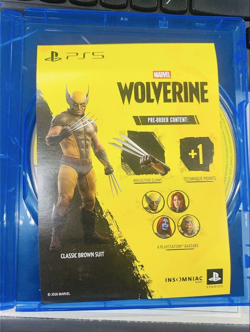 Marvel's Wolverine PS5 Physical Game Disc (Category: PlayStation) located in Cavite. Submitted by crisreano20 (Listing ID 1470016467, Image 3). Description: - Game: Marvel's Wolverine (Physical Disc) - Platform: PlayStation 5 - Developer: Insomniac Games - Condition: Brand new with case - Pre-order Bonus: Includes insert card with unused codes (Classic Brown Suit, reflective claws, technique points, 4 avatars) - Rating: T for Teen - Supported Lan