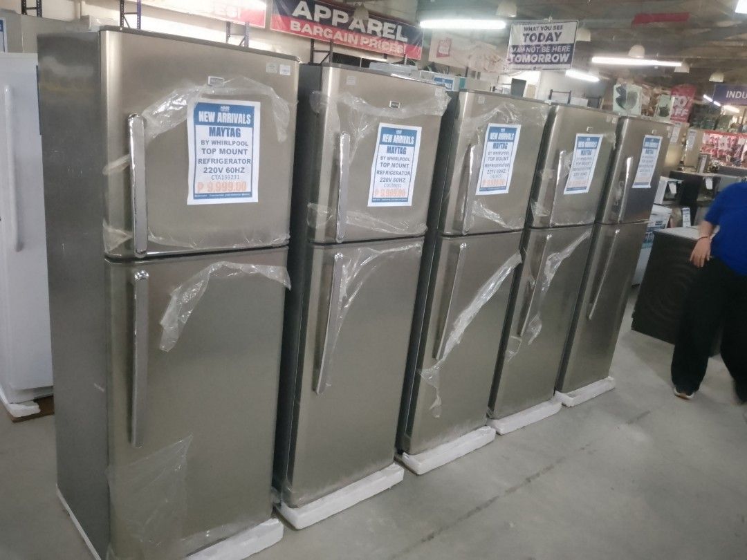 Maytag Top Mount Refrigerator 220V (Category: Refrigerators and Freezers) located in Manila. Submitted by fiercehorse_40fdc9 (Listing ID 1469973148, Image 1). Description: - Brand: Maytag by Whirlpool - Type: Top-mount refrigerator (Double door with top freezer) - Finish: Stainless steel with modern vertical metal handles - Power Supply: 220V / 60Hz - Condition: Brand new, still wrapped in original store protective plastic film - Availability: Mu