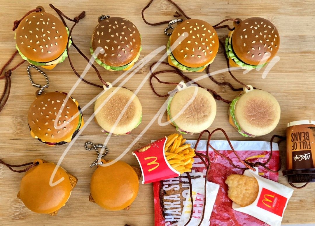 MCDONALDS BURGER KEYCHAIN (Category: Designer & Blind Box Toys) located in Bulacan. Submitted by gloomy.hvn (Listing ID 1470040556, Image 2). Description: MCDO FOODIES. AS IS CONDI. SOLD AS LOT. NO IMDIVIDUAL PICTURES..