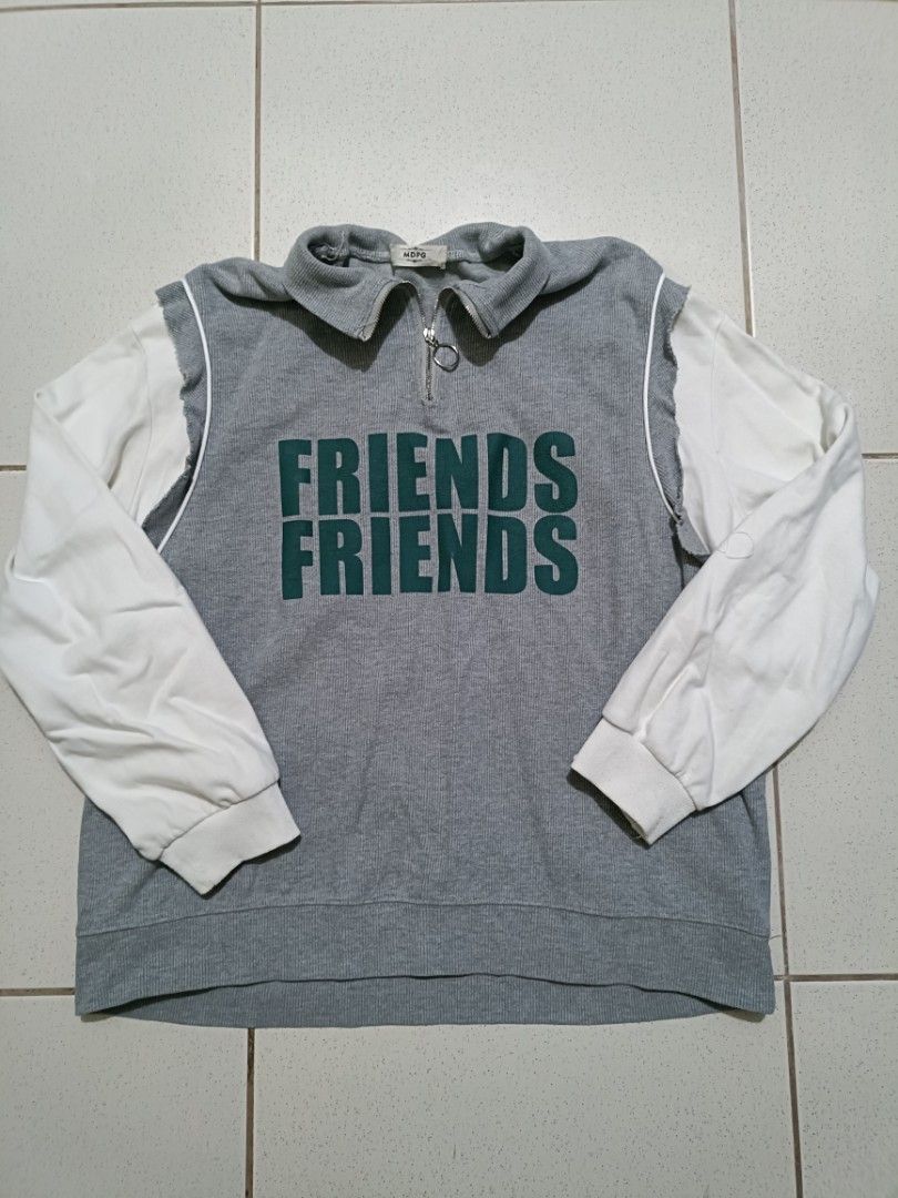 MDPG Grey Friends Two-Tone Long Sleeve Zip Sweatshirt (Category: Coats, Jackets and Outerwear) located in Manila. Submitted by quartz.rewind (Listing ID 1470116285, Image 1). Description: (Slightly negotiable for fast buyers) Description: Up for grabs is a unique pre-layered 1/4 zip polo sweater from MDPG. Designed with an indie-streetwear raw edge grey ribbed body over stitched contrast white sleeves. Features a bold forest green "FRIENDS FRIEND