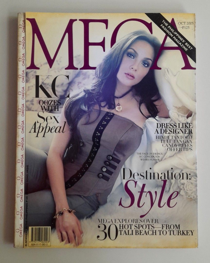 MEGA Magazine – October 2005 (KC Concepcion Cover) (Category: Magazines) located in Batangas. Submitted by bluehasnoclue (Listing ID 1469962069, Image 1). Description: Issue Highlights: ​Cover Star: The stunning KC Concepcion ("Oozes With Sex Appeal"). ​Content: Destination style features, local designer tips (Hindy Tantoco, Candy Reyes), and hot spot travel guides from Tali Beach to Turkey. ​Condition Disclosure (Storage Clearing / As-Is): Pre-l
