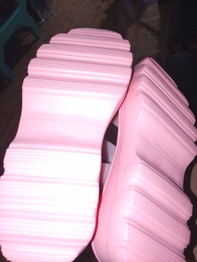 Melissa Pink Platform Sandals Size 38 (Category: Sandals) located in Quezon City. Submitted by pinkishpink08 (Listing ID 1469948476, Image 3). Description: - Brand: Melissa - Style: Platform sandals with chunky ridged sole - Size: US 8 - Color: Super cute shade of pink - Details: Wide front strap, adjustable velcro ankle strap, and plastic buckle accent - Inclusions: Comes with original box - Condition: Brand new.