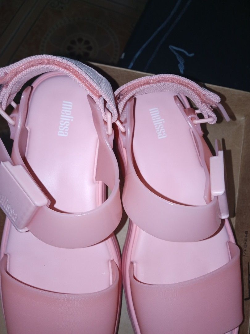 Melissa Pink Platform Sandals Size 38 (Category: Sandals) located in Quezon City. Submitted by pinkishpink08 (Listing ID 1469948476, Image 1). Description: - Brand: Melissa - Style: Platform sandals with chunky ridged sole - Size: US 8 - Color: Super cute shade of pink - Details: Wide front strap, adjustable velcro ankle strap, and plastic buckle accent - Inclusions: Comes with original box - Condition: Brand new.