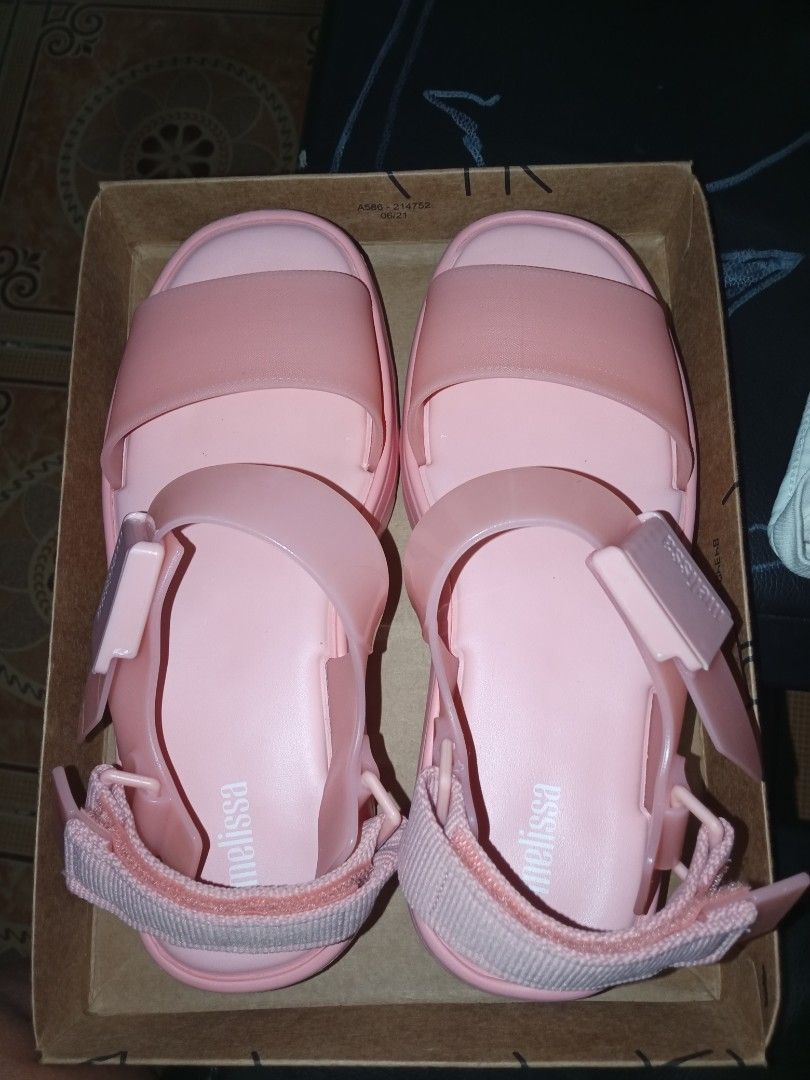 Melissa Pink Platform Sandals Size 38 (Category: Sandals) located in Quezon City. Submitted by pinkishpink08 (Listing ID 1469948476, Image 2). Description: - Brand: Melissa - Style: Platform sandals with chunky ridged sole - Size: US 8 - Color: Super cute shade of pink - Details: Wide front strap, adjustable velcro ankle strap, and plastic buckle accent - Inclusions: Comes with original box - Condition: Brand new.