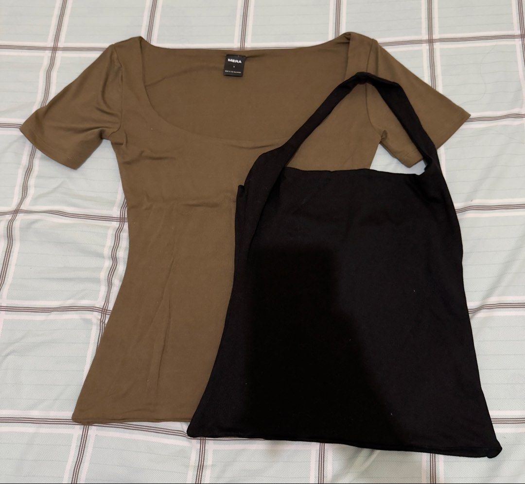 MERA Olive Scoop Neck Tee and Black Single Strap Top (Category: Sleeveless) located in Manila. Submitted by misskendrapreloved (Listing ID 1470100822, Image 1). Description: - Bundle of two basic tops bundle for everyday wear - Olive green short sleeve tee with a wide scoop neckline (MERA brand) - Black sleeveless top with a stylish asymmetrical thick strap design - Crafted from soft, stretchy fabric for all-day comfort - Easy to mix and match wi
