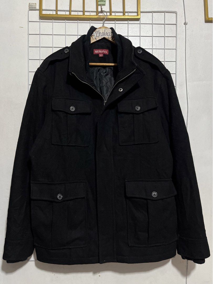 Merona Black Wool Blend Cargo Jacket Size XL (Category: Coats, Jackets and Outerwear) located in Pagsanjan. Submitted by zhairaaaaa (Listing ID 1470115379, Image 3). Description: - Brand: Merona - Size: Men's XL - Material: Wool blend with quilted inner lining for extra warmth - Closure: Full zip with snap button placket - Collar & Cuffs: High mock neck with ribbed knit insert and ribbed cuffs - Pockets: Four front flap pockets with buttons - Ext
